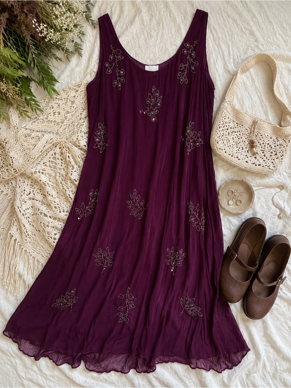 Roaman’s Beaded Boho Maxi Dress Plus Size 32W Purple Rayon‎ Sleeveless